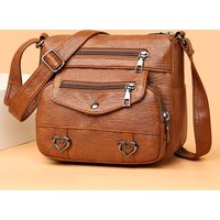 Heart Decor Crossbody Bag, Vintage Multi Pockets Shoulder Bag, Women's Leather Purse