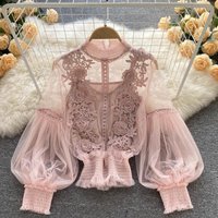 Women's Clothing Three-Dimensional Flower Collage See-Through Mesh Lantern Sleeve Slim Short Top Lace Base Blouse