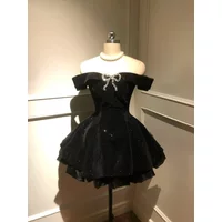 Black French Vintage Elegant Design Woman Dress Gothic Off Shoulder Retro Mini Dress Female Fairy Birthday Party Chic Outfits