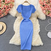 Women's Clothing Collar Knitted Dress With Short Sleeves Summer New Style Temperament Sexy Hot Girl Hip Long Skirt