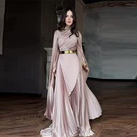 Elegant Long Sleeve Wrap Dress With Slit & Belt - Flowy A-Line Maxi Dress For Women, Satin Polyester, Available In Colors