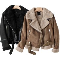 Oversized Lapel Faux Leather Jacket Women's Thickened Suede-Like Fur Lined Biker Coat Khaki, Black, Brown - SML