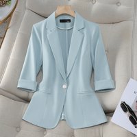 Summer Light Blue Blazer For Women - Slim Fit Casual Short Sleeve Jacket - Breathable Polyester - Office & Everyday Wear