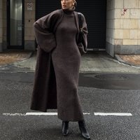 ​Women's -Piece Knit Dress & Cardigan Set - High Neck Slim Fit Long Sleeve Outfit For Fall & Winter Grey, Cream, Brown, Red​