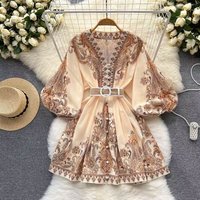 Christmas Thanksgiving Halloween Valentine's Day Summer New French Vacation Style V-neck Lantern Sleeves, Waist Ced Mid Length Printed Small Dress
