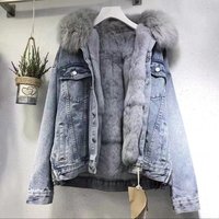 Women's Clothing Plus Velvet Cotton Jacket Loose Korean Style Denim Fur Collar Thickened Jacket