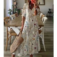 Women's Casual Sweet Loose V-neck Printed Moustache Sleeve Women's Long Dress Spot.