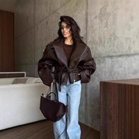 Women's Clothing Short PU Leather Jacket With Belt & Stand Collar Retro Biker Style, Loose Fit For Streetwear Fashion​​