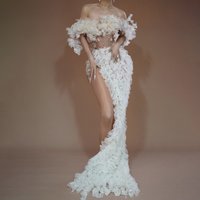 Women's Clothing High End Celebrity Long Skirt Mesh See Through Hollow Design Tube Top Sexy High Slit White Mesh Dress