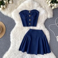 Sweet And Cool Hot Girl's Skirt Set Women's Summer Short Denim Tube Tank Top Two-piece Set High Waist A-line Denim Skirt