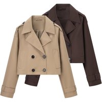 "Trendy Oversized Short Trench Coat For Women Lightweight Polyester Blend, Casual Chic With Belted Waist & Double Breasted Design"​
