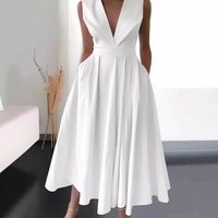 Women's Clothing Women's Summer Sleeveless Waist Pocket Large Swing Medium Length Solid Color Dress