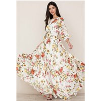 Women's Clothing Boho print chiffon long dress with round neck and mid-sleeve waist