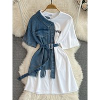 Women's Fitted Waist Round Neck Color-blocked Denim shirt, Fashionable And Casual Mid-length Dress