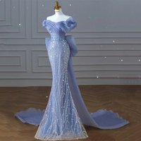 New Smog Blue Host Heavy Industry Beaded Mermaid Dress Toast Dress Annual Meeting Shoulder Show Dress