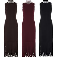 Elegant Pearl-Embellished High-Neck Sleeveless Knit Dress With Waist Accent & Fringe Detail​ Versatile Styling​​