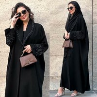Elegant Black Abaya With Intricate Crystal Embellishments - Modest Islamic Long Dress For Women, Dubai Style Open Front Robe