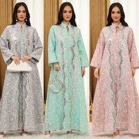 Women's Clothing Elegant Dubai Jalabiya Dress Winter Fashion With Tribal Embroidery Gray, Pink, Green, S-X, Long Sleeve & Flowy Fit​