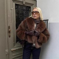 ​​Vintage-Inspired Faux Fox Fur Coat - Eco-Friendly Short Jacket For Women, Retro Winter Fashion, BrownBeigeWhite-Yellow Ombre​​