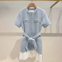 Women's Clothing Early Spring Fashion Sky Blue Tweed Waist Patchwork Pleated Hem Round Neck Dress