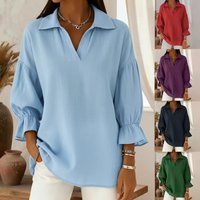 Women's Clothing Solid Color Casual Loose Fit Fashionable Lapel Vintage-Inspired Relaxed V-Neck Top Long Sleeve Casual Blouse Colors, S-XX