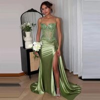 Women's Clothing Elegant Green Strapless Ball Gown With High Slit & Small Train Formal Evening Dress For Women​​