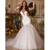 Women's Clothing New White Wedding Dress Slim Fishtail Sexy V Neck Long Sleeved Lace Banquet Evening Dress