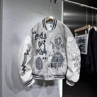 ​Vintage Baseball Jacket Heavyweight Embroidered Oversized Varsity Coat With Contrast Sleeves & Stand Collar Light GreyDark Grey​