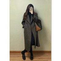 ​​Women’s Longline Wool Coat Oversized Korean-Style Trench Coat With Double-Breasted Buttons BrownBlack, S-, FallWinter Maillard Aesthetic​​