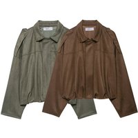 ​​Women's Faux Suede Bomber Jacket Stylish Stand Collar, Lightweight Polyester, Trendy Streetwear Essential, BrownDark GreenBlack, SML​​
