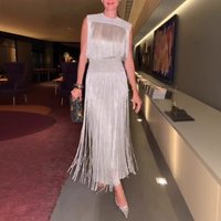 Elegant Fringe Party Dress Set Sleeveless Metallic Midi Dress With Knit Top SilverBlackPink Glam Evening Wear