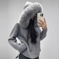 ​​Vintage Hooded Knit Cardigan With Faux Fur Trim - Cozy Long Sleeve Zip-Up Sweater For Women Black, Khaki, Cream, Light Blue, Pink, Smoke Grey​​
