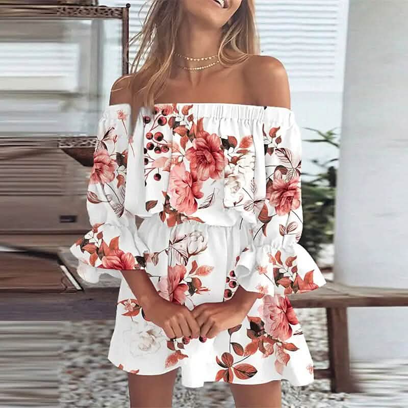 Women's Length Sleeve Floral Ruffle Summer Spring Off Shoulder Dress