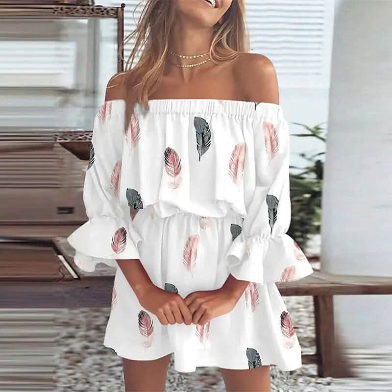 Women's Length Sleeve Floral Ruffle Summer Spring Off Shoulder Dress