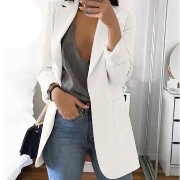Womens Cardigan Jackets Open Front Solid Color Casual Oversized Long Blazer - White XXXX