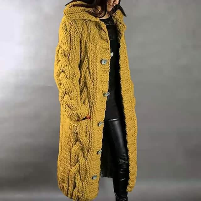 Women's Cardigan Sweater Jumper Cable Chunky Knit Hooded Solid Color Open Front - Yellow XXXX