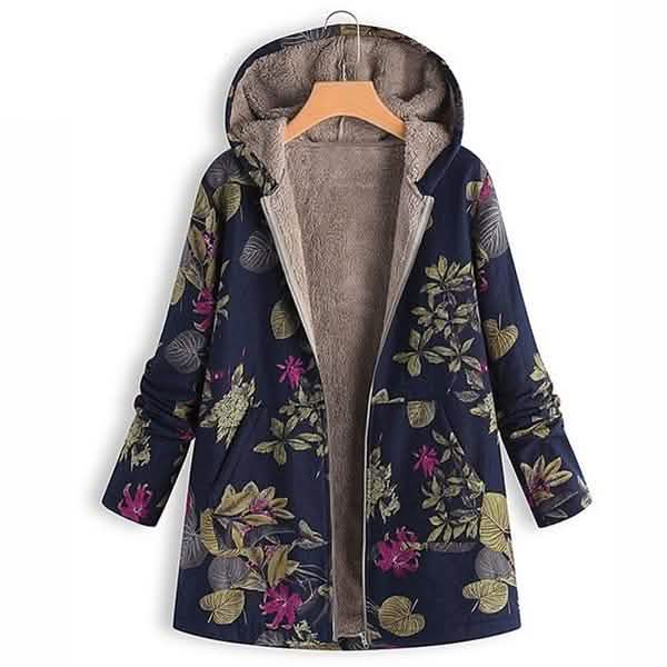 Women's Fashion Leaves Floral Print Fluffy Fur Hooded Long Sleeve Vintage Casual Coat - Navy XXXX