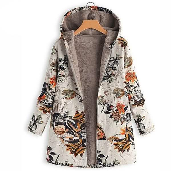 Women's Fashion Leaves Floral Print Fluffy Fur Hooded Long Sleeve Vintage Casual Coat - Orange XXXX