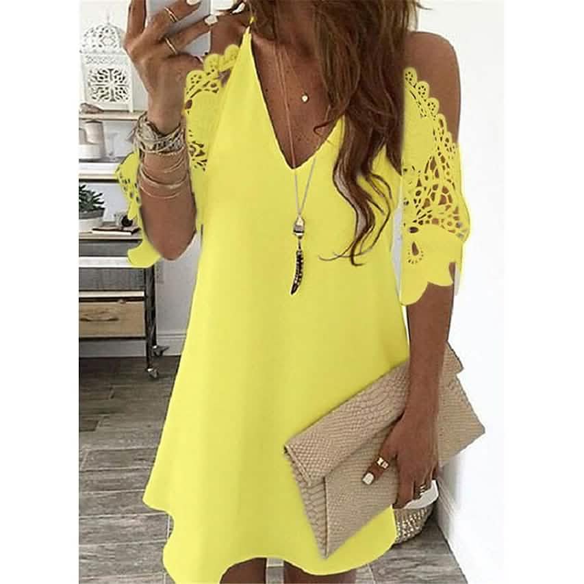 Women's Half Sleeve Solid Cutout Shift Dress - Yellow XXXX