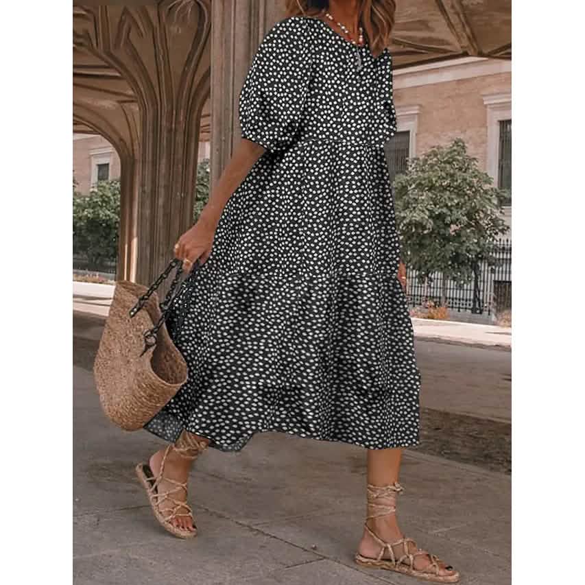 Women's Ruffled Patchwork Print Midi Dress - Black XXXX