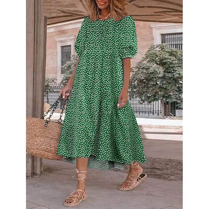 Women's Ruffled Patchwork Print Midi Dress - Green XXXX