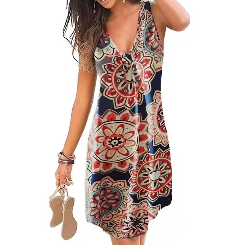 Women's V-Neck A-Line Knee Length Skirt - Ethnic Style Blue XXXX