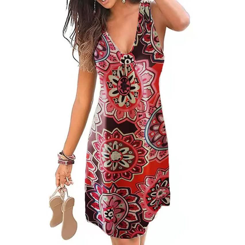 Women's V-Neck A-Line Knee Length Skirt - Ethnic Style Dark Coffee XXXX