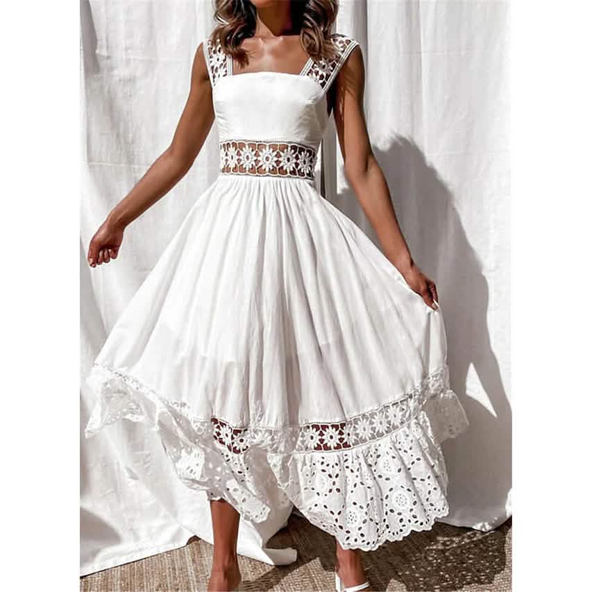 Women's White Sleeveless Solid Lace Panel Dress -