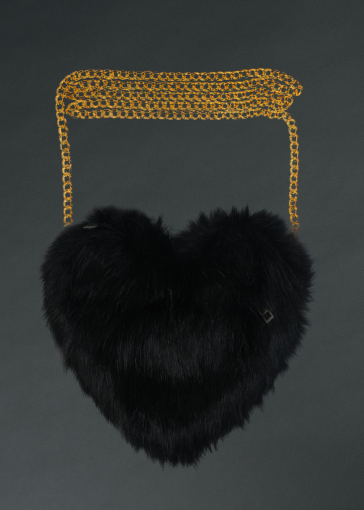 Black Faux Fur Heart Crossbody Bag with Chain Strap