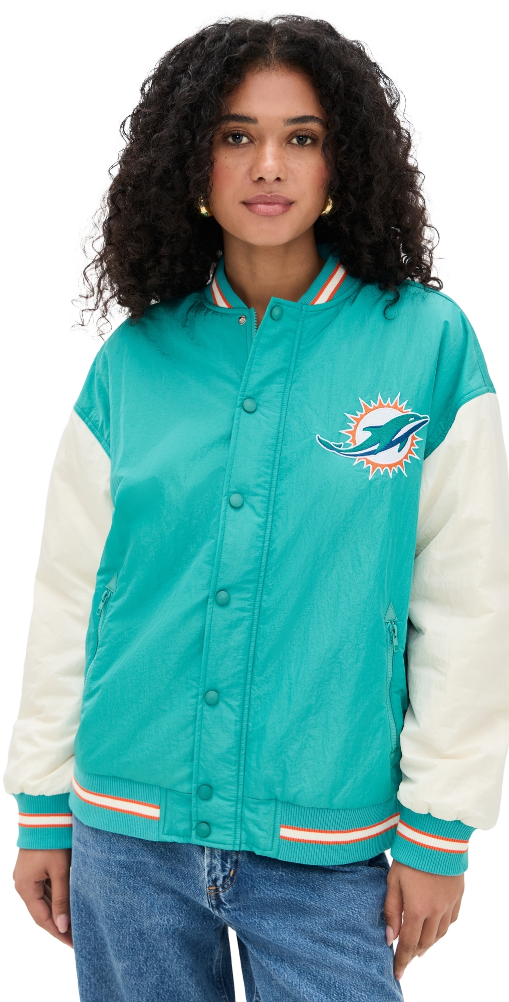 Terez Dolphins Colorblock Bomber Jacket Dolphins AquaSugar Swizzle